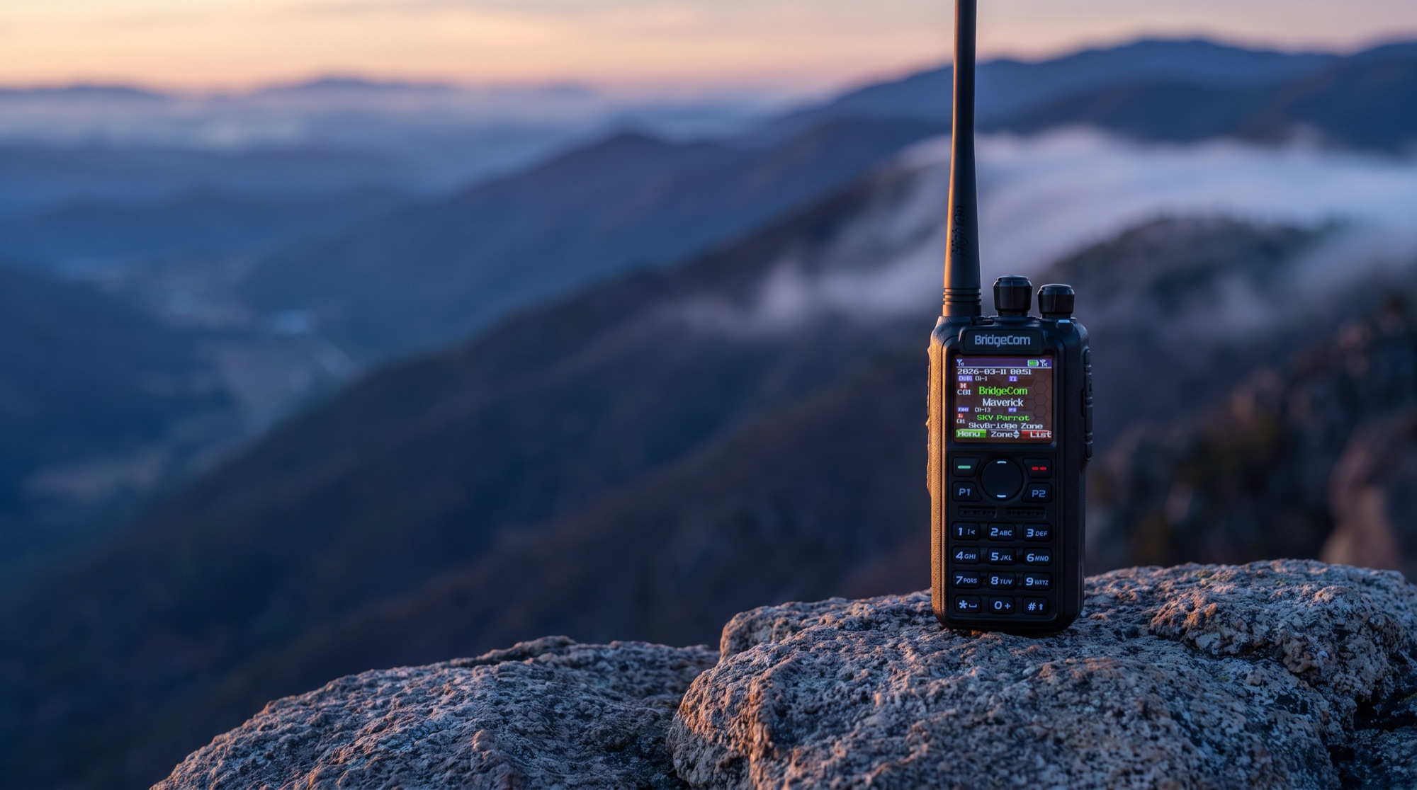 BridgeCom Maverick on a mountain ridge at blue hour