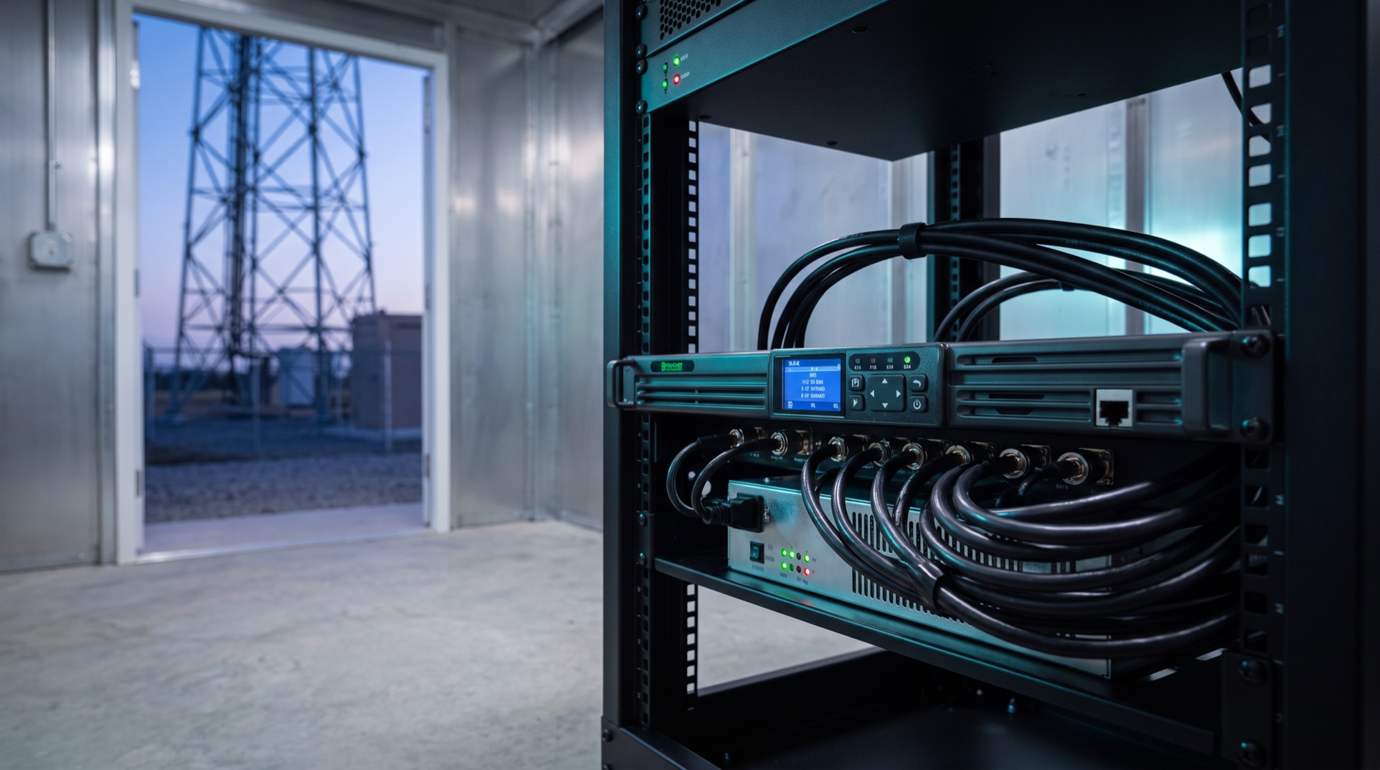 BridgeCom repeater in an equipment rack at a tower site